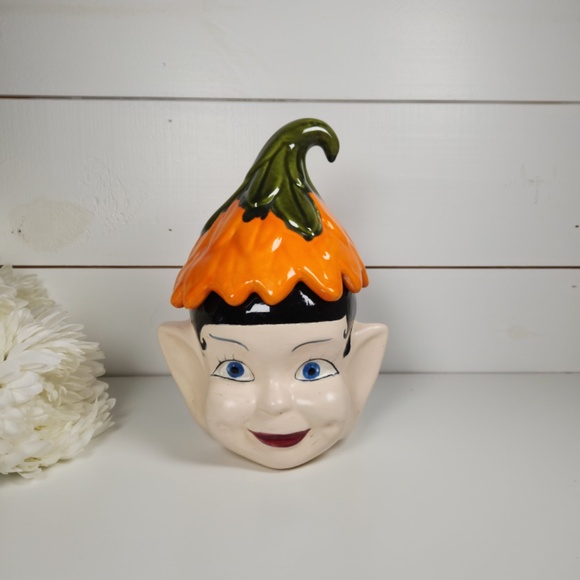 Vintage 1960s Pixie Elf Head Ceramic Cookie Jar w/ Orange Leaf Hat- MCM, Retro - Picture 9 of 9